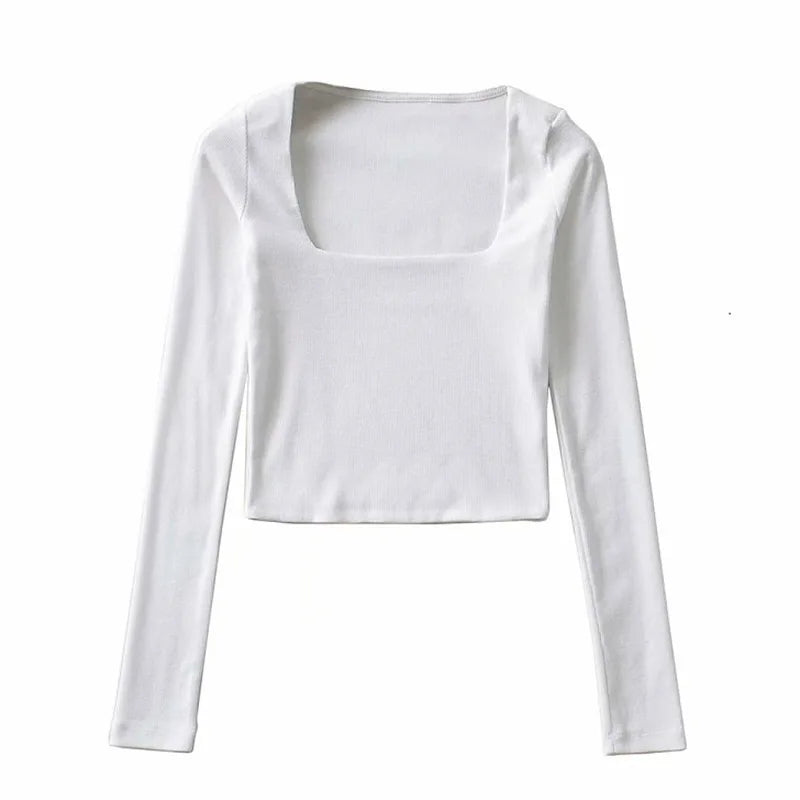 Women Ribbed Square Neck Crop Top With Long Sleeve