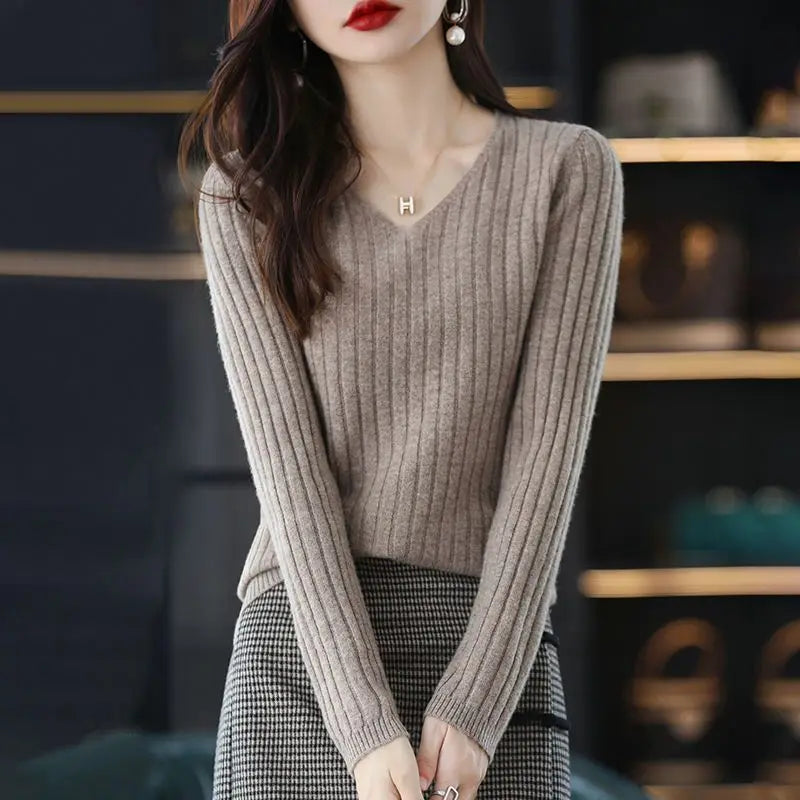 Women Sweater Long Sleeve Top Knitted Pullover V-Neck