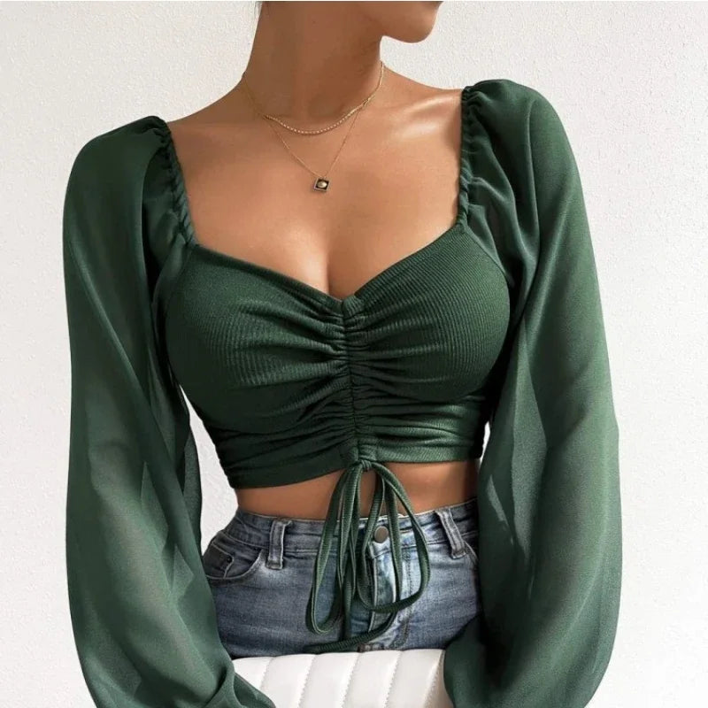 Women Mesh Lantern Sleeves Drawstring Wrap top