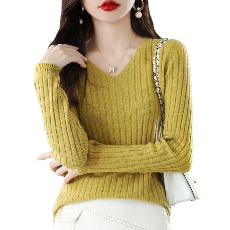 Women Sweater Long Sleeve Top Knitted Pullover V-Neck