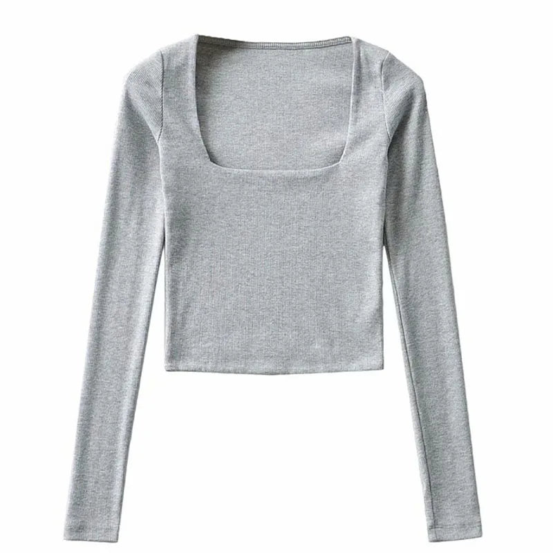 Women Ribbed Square Neck Crop Top With Long Sleeve