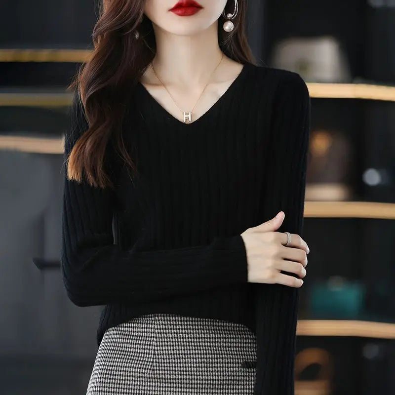 Women Sweater Long Sleeve Top Knitted Pullover V-Neck