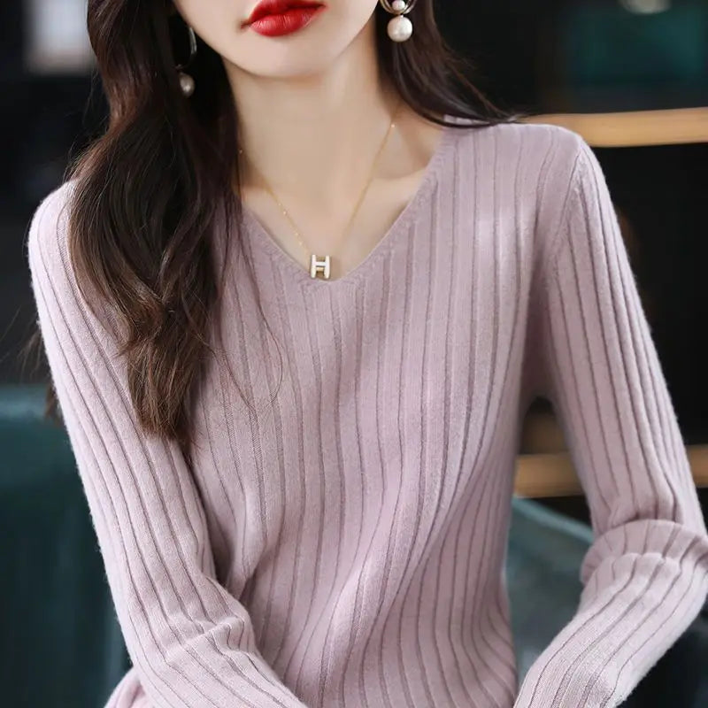 Women Sweater Long Sleeve Top Knitted Pullover V-Neck