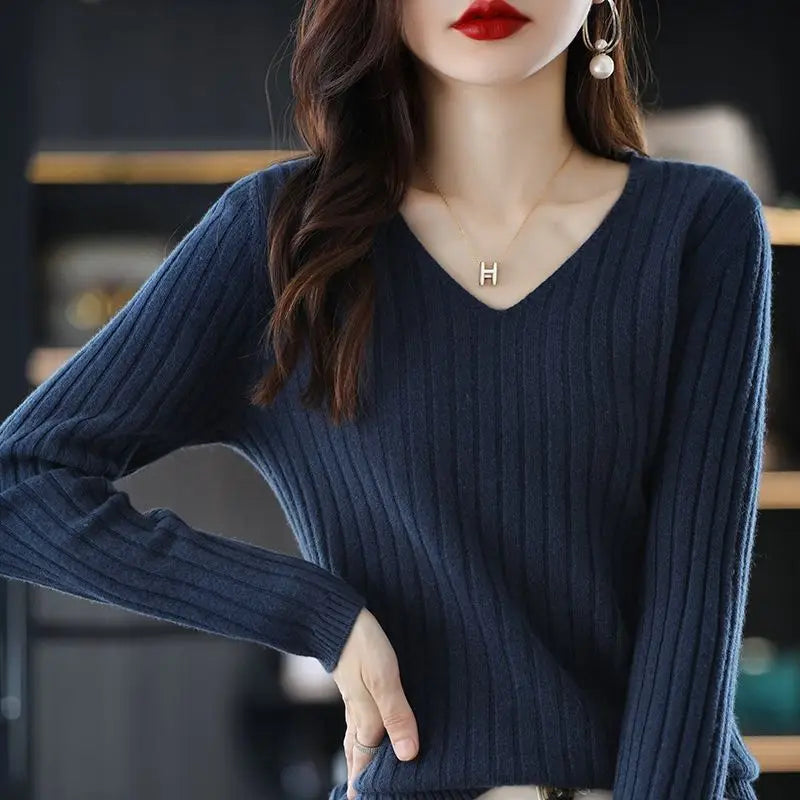 Women Sweater Long Sleeve Top Knitted Pullover V-Neck