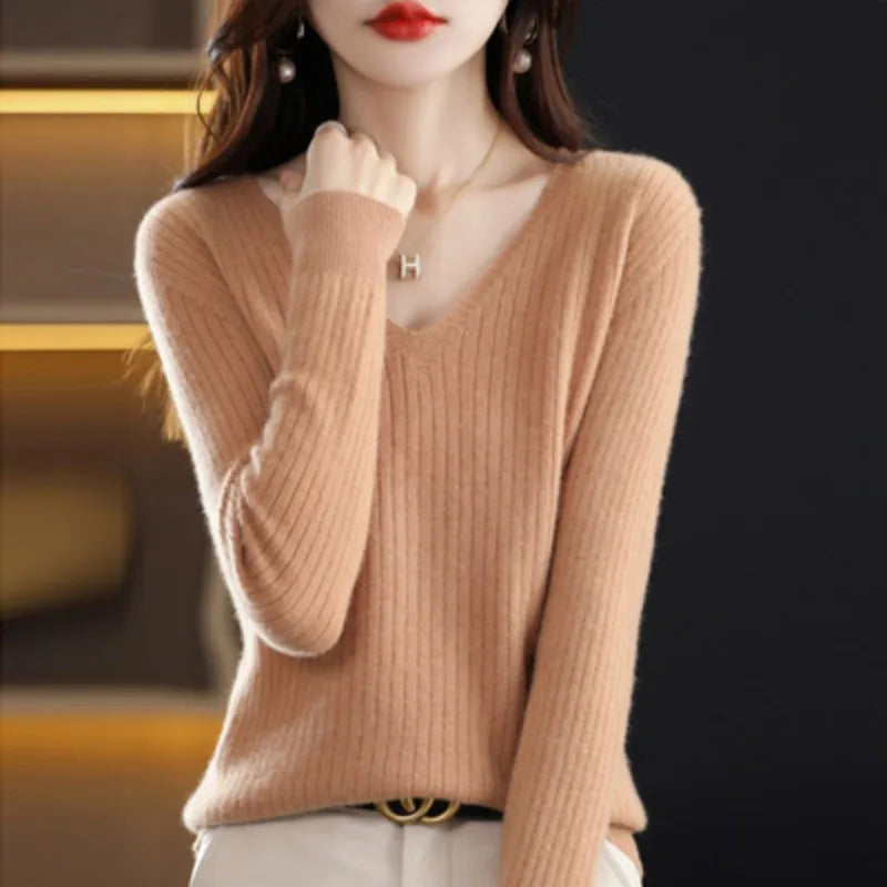 Women Sweater Long Sleeve Top Knitted Pullover V-Neck