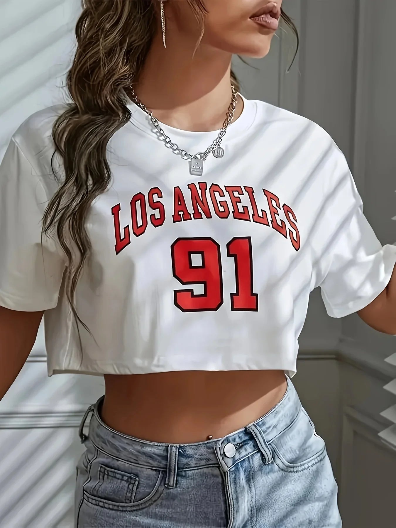 Los Angeles Number 91 Graphic Round Neck Sports Crop