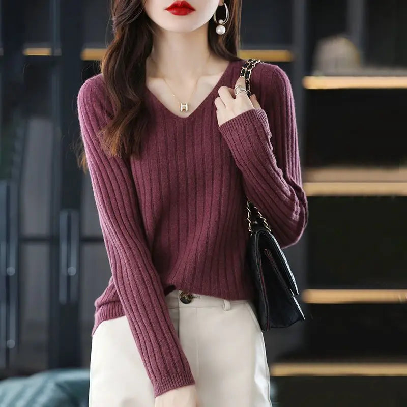 Women Sweater Long Sleeve Top Knitted Pullover V-Neck