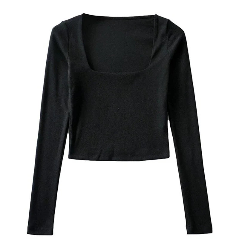 Women Ribbed Square Neck Crop Top With Long Sleeve