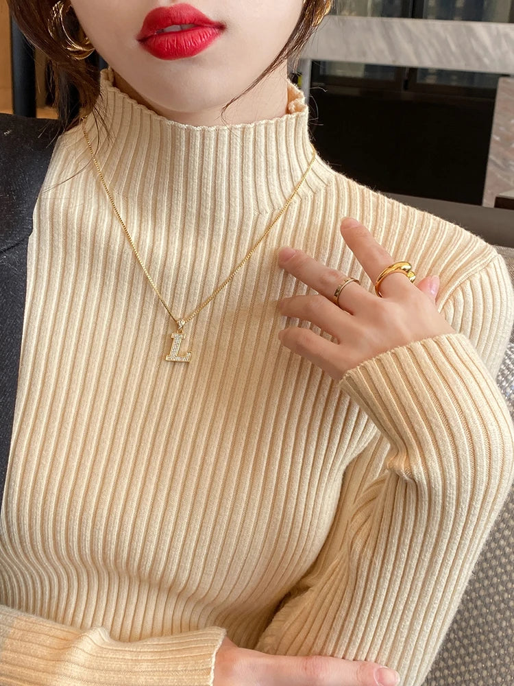 Solid Basic Knitted Tops Women Turtlneck Sweater Long Sleeve