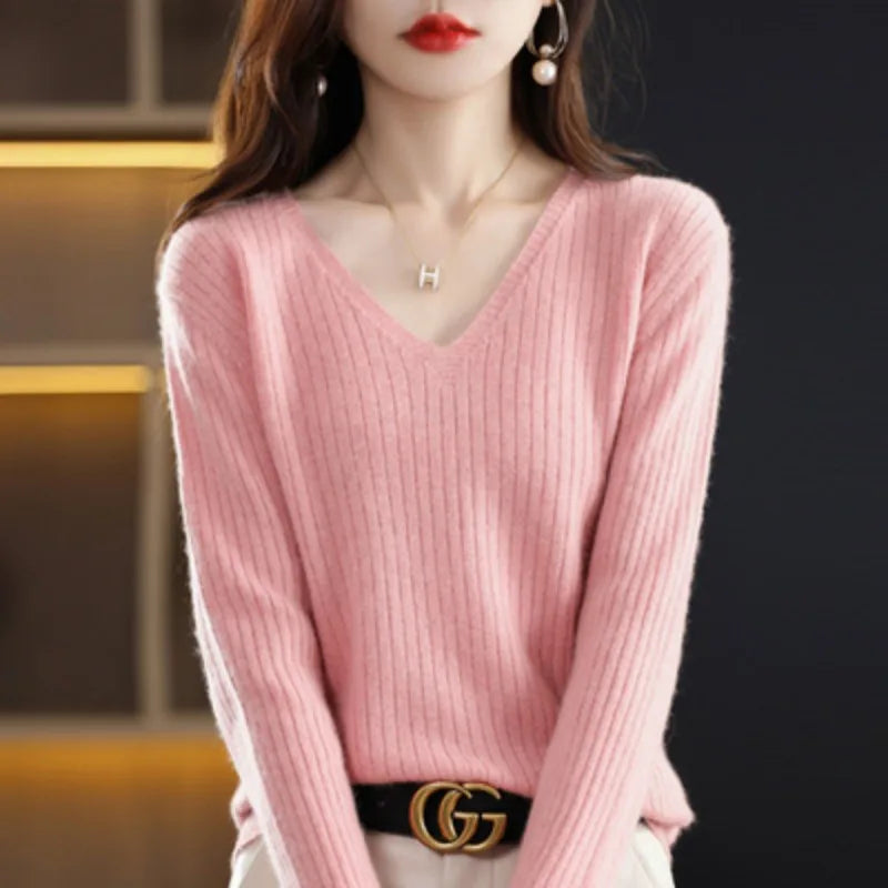 Women Sweater Long Sleeve Top Knitted Pullover V-Neck