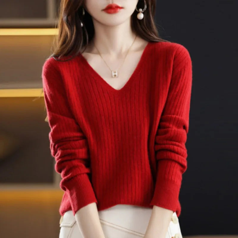 Women Sweater Long Sleeve Top Knitted Pullover V-Neck