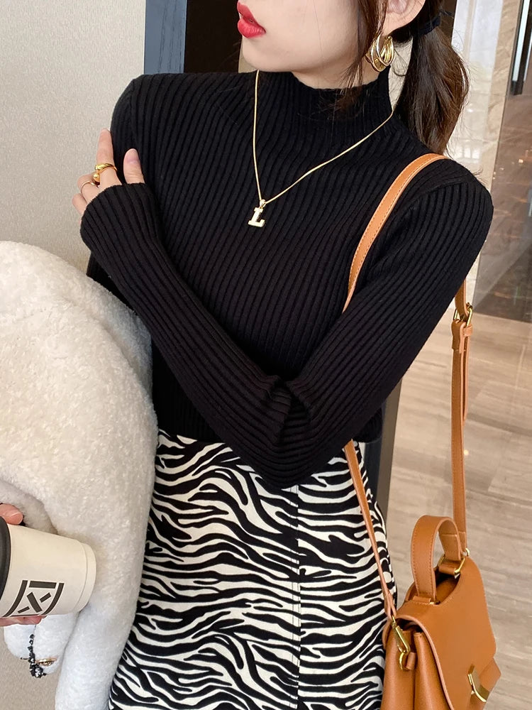 Solid Basic Knitted Tops Women Turtlneck Sweater Long Sleeve