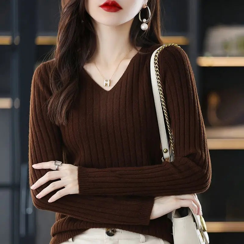 Women Sweater Long Sleeve Top Knitted Pullover V-Neck