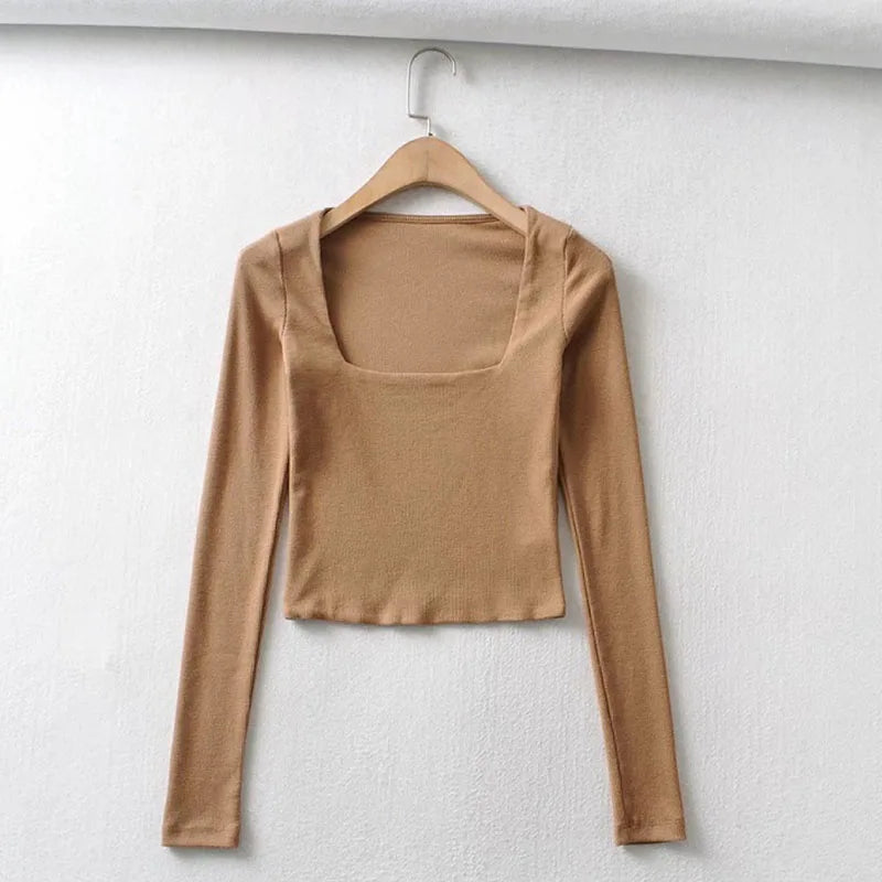 Women Ribbed Square Neck Crop Top With Long Sleeve