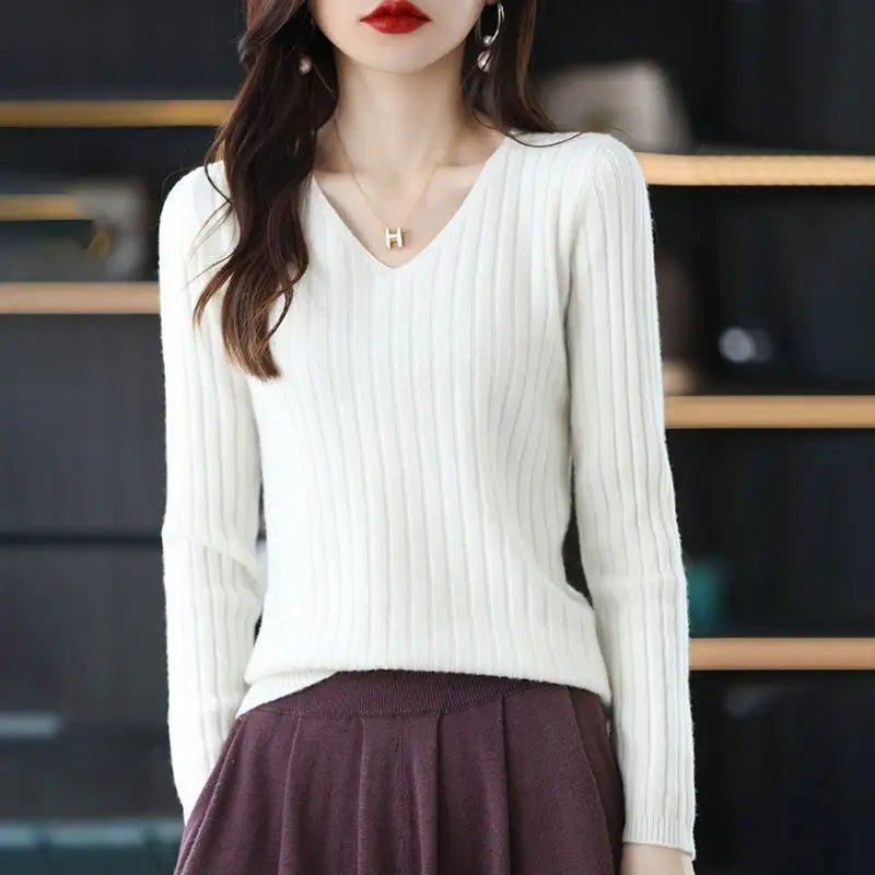 Women Sweater Long Sleeve Top Knitted Pullover V-Neck