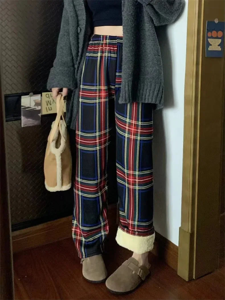 Fashion Warm Plush Plaid Pants