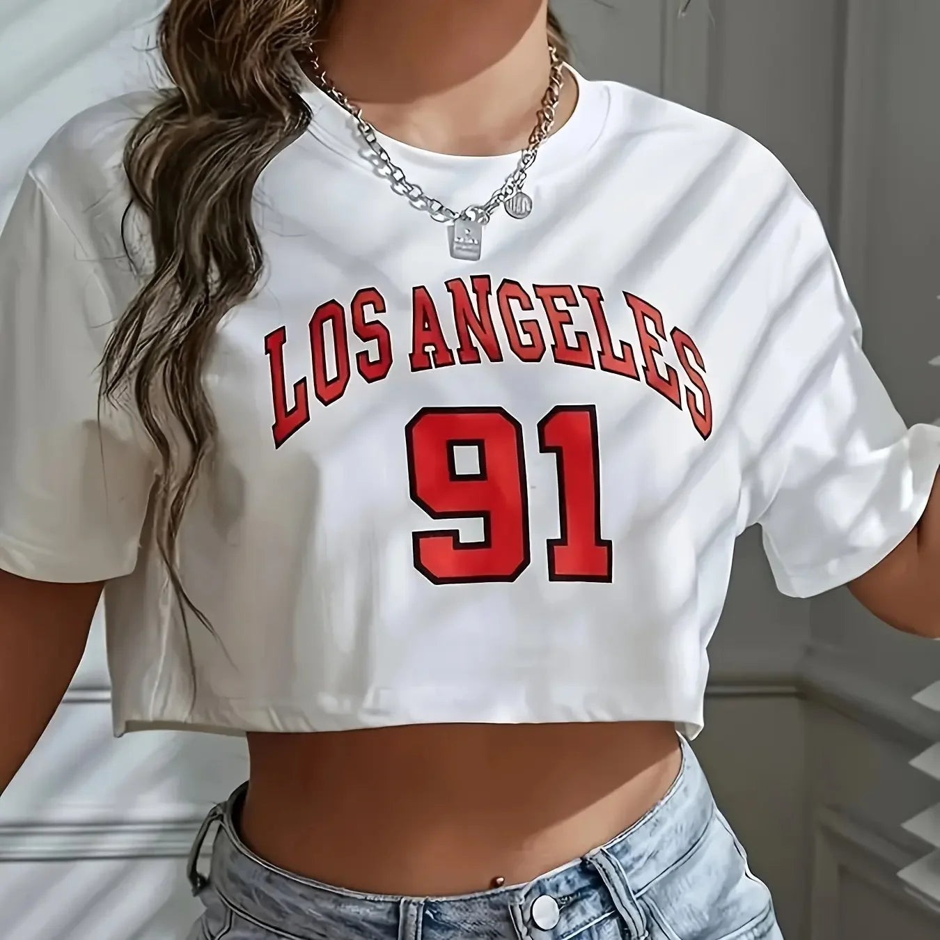 Los Angeles Number 91 Graphic Round Neck Sports Crop