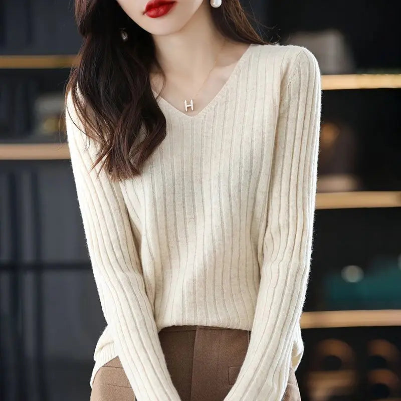 Women Sweater Long Sleeve Top Knitted Pullover V-Neck