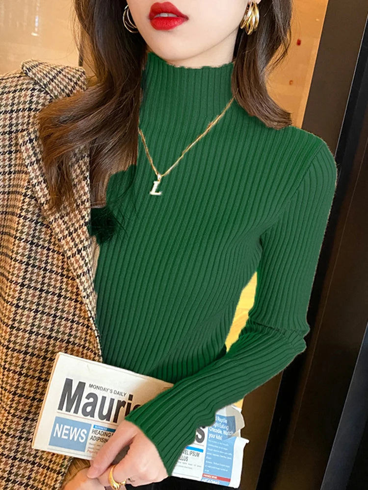 Solid Basic Knitted Tops Women Turtlneck Sweater Long Sleeve