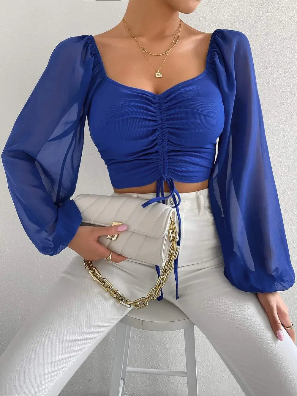 Women Mesh Lantern Sleeves Drawstring Wrap top