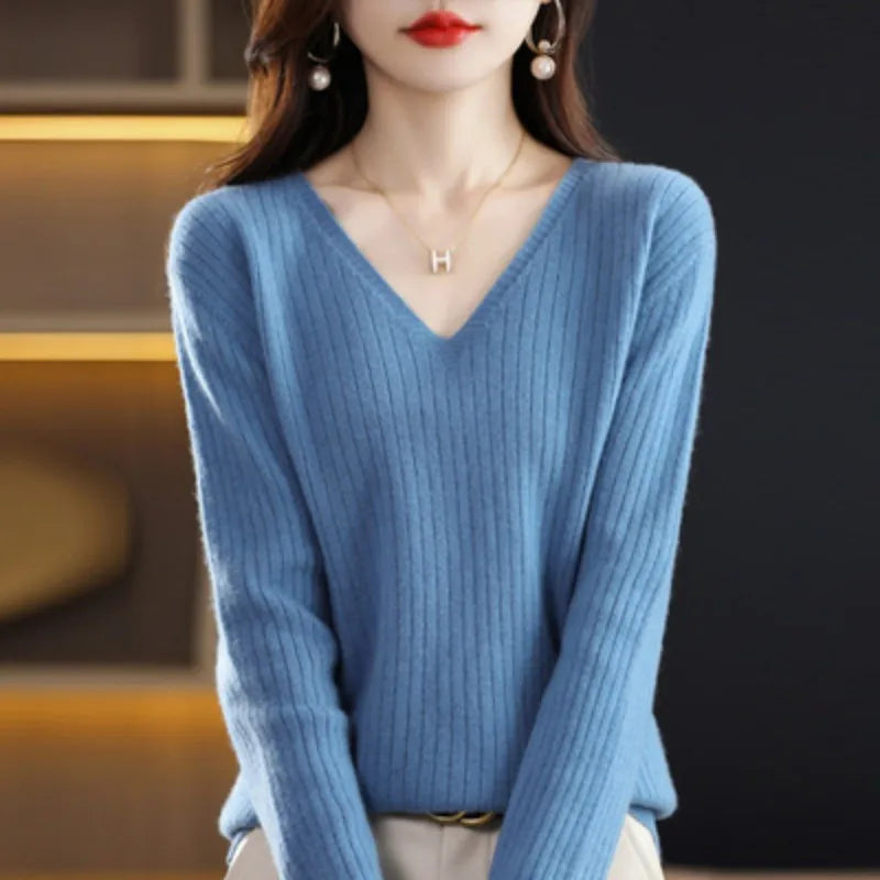 Women Sweater Long Sleeve Top Knitted Pullover V-Neck