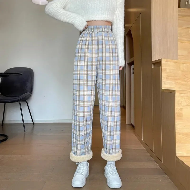 Fashion Warm Plush Plaid Pants