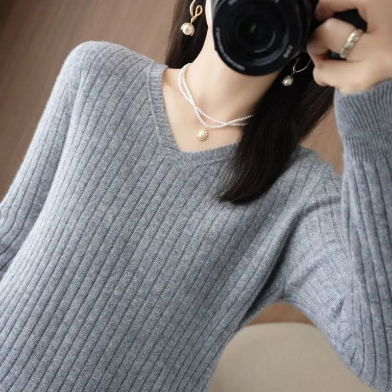 Women Sweater Long Sleeve Top Knitted Pullover V-Neck