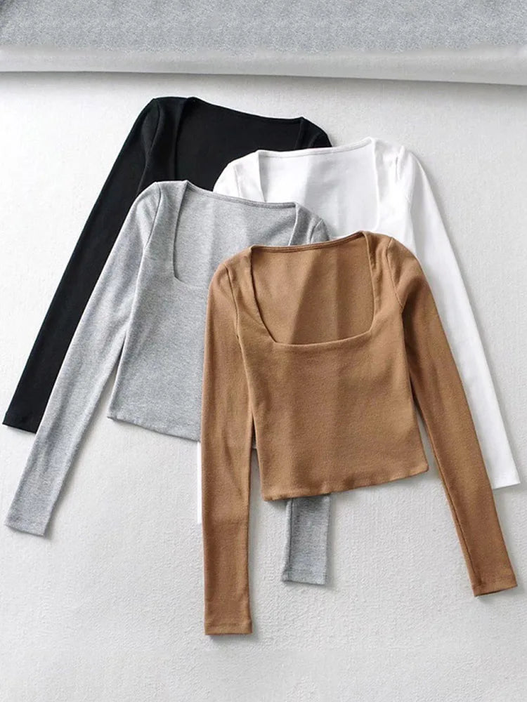 Women Ribbed Square Neck Crop Top With Long Sleeve