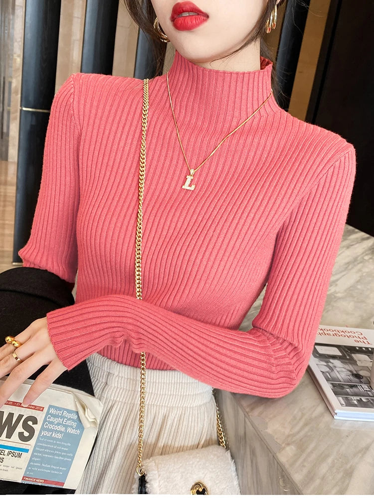 Solid Basic Knitted Tops Women Turtlneck Sweater Long Sleeve